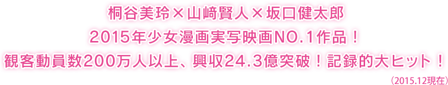 桐谷美玲×山﨑賢人×坂口健太郎2015年少女漫画実写映画NO.1作品！観客動員数200万人以上、興収24.3億突破！記録的大ヒット！（2015.12現在）