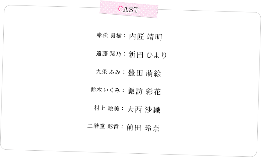 赤松勇樹：内匠靖明
遠藤梨乃：新田ひより
九条ふみ：豊田萌絵
鈴木いくみ：諏訪彩花
村上絵美：大西沙織
二階堂彩香：前田玲奈
