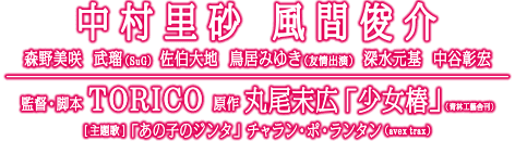 中村里砂, 風間俊介, 森野美咲, 武瑠（SuG）, 佐伯大地, 深水元基, 中谷彰宏 監督・脚本：TORICO 原作：丸尾末広「少女椿」（青林工藝舎刊） 主題歌：「あの子のジンタ」チャラン・ポ・ランタン（avex trax）